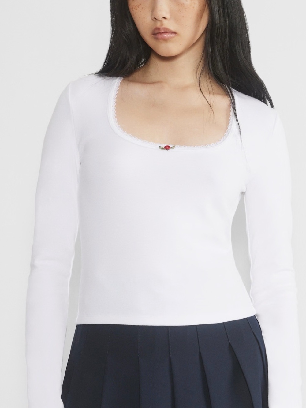 Sunday Best BestHug White Scoop Neck Long Sleeve Top with Lace and Rose Accent